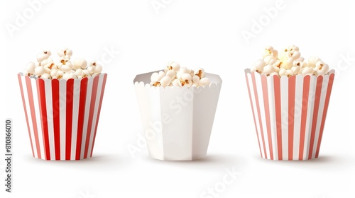 A striped box for popcorn is isolated on a white background. Modern realistic mock up of a white and red bucket for pop corn as well as a blank square and round pack for chicken, potato, and snack in
