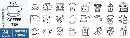 coffee and tea line web icons. iced, maker machine, beans, Espresso cup. Collection of Outline Icons. Vector illustration.