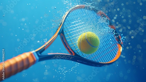 3d render of tennis racket hitting the ball on blue background