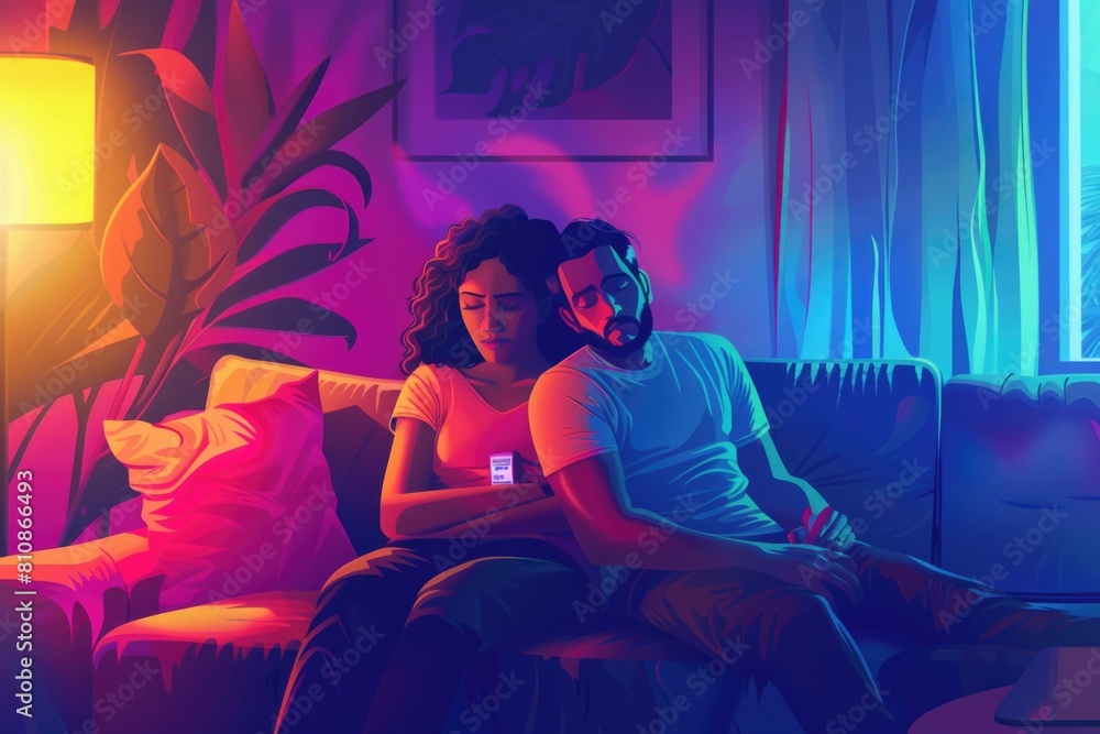 A couple sitting together on a couch. Suitable for relationship or home lifestyle concepts A couple sitting together on a couch. Suitable for relationship or home lifestyle concepts