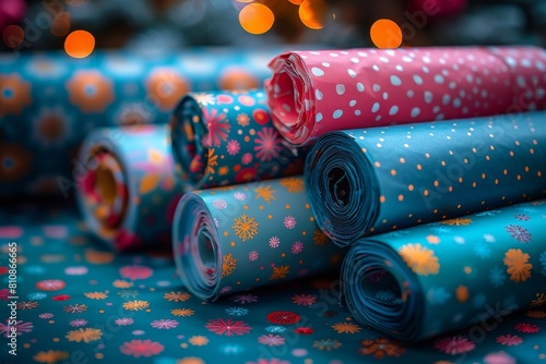 Close-up view of several rolls of gift wrapping paper with various colorful festive patterns © Larisa AI