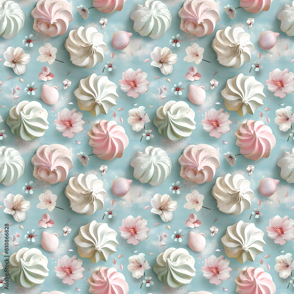 White, mint and pink meringues and small buds on a delicate turquoise background. Seamless pattern. White, mint and pink meringues and small buds on a delicate turquoise background. Seamless pattern.