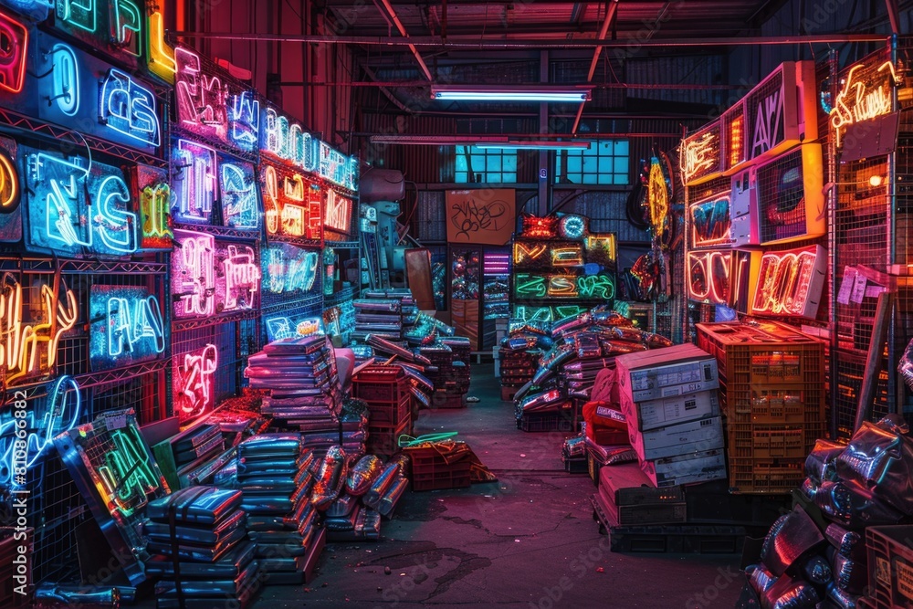 A room filled with neon signs, great for urban-themed designs