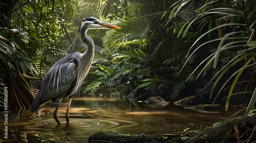 Graceful heron standing motionless in a jungle stream, its keen eyes scanning the water for any signs of movement from potential prey. photo