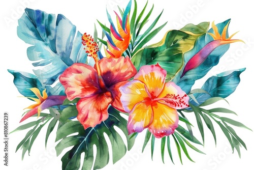 Fototapeta Naklejka Na Ścianę i Meble -  Colorful tropical flowers and leaves painted in watercolor. Perfect for botanical illustrations