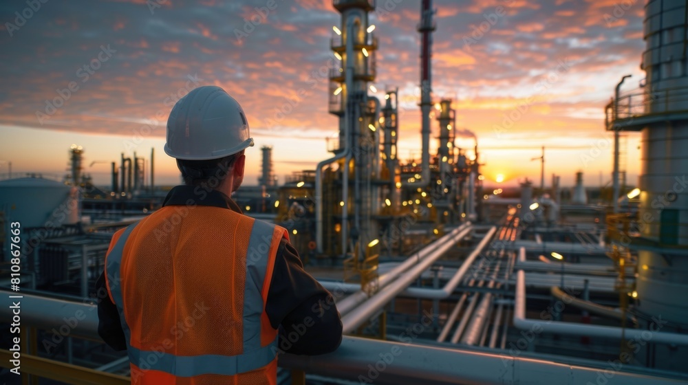 A man wearing a hard hat looking at a factory. Perfect for industrial and construction concepts A man wearing a hard hat looking at a factory. Perfect for industrial and construction concepts