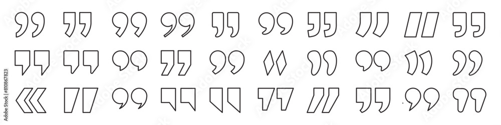 Quote mark collection. Black quotes icons. Speech mark. Inverted commas symbol. Quotemarks outline, speech marks, talking marks set. Quote mark collection. Black quotes icons. Speech mark. Inverted commas symbol. Quotemarks outline, speech marks, talking marks set.