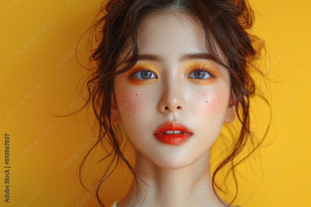 Rear view of a person with soft curly hair shot against a vibrant orange background Rear view of a person with soft curly hair shot against a vibrant orange background