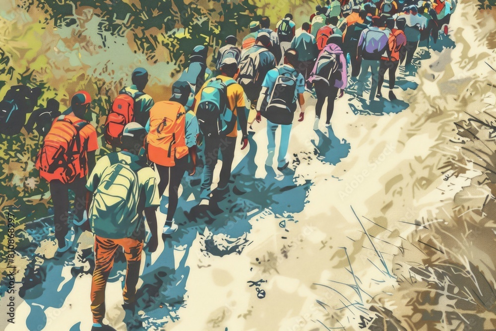 Fototapeta premium A group of people walking together on a dirt road. Suitable for outdoor activities or teamwork concepts