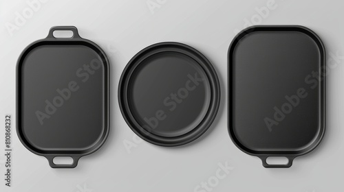 A modern realistic mockup of blank circle and rectangle plastic salvers with handles on a gray background is shown in this mockup for lunch or pizza in a restaurant or canteen. photo
