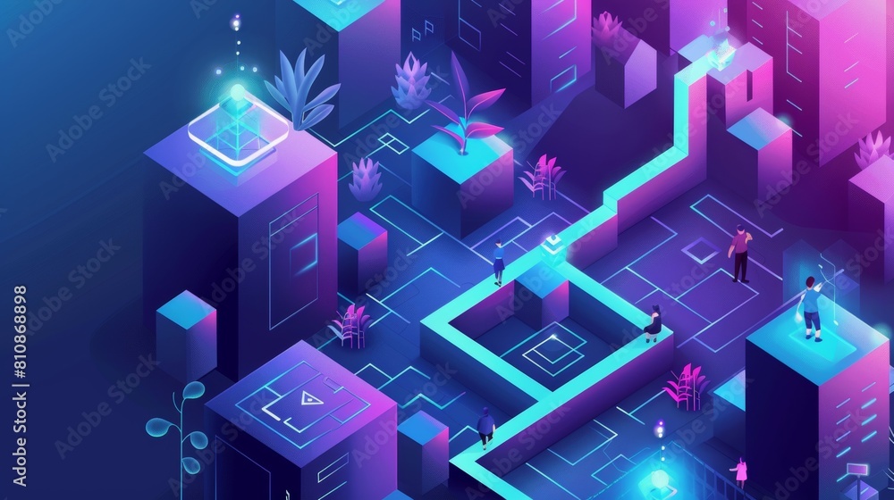 Businessman solving problem through maze, employee passing labyrinth, meeting challenge, achieving goal 3D modern line art web banner, best business solutions Businessman solving problem through maze, employee passing labyrinth, meeting challenge, achieving goal 3D modern line art web banner, best business solutions