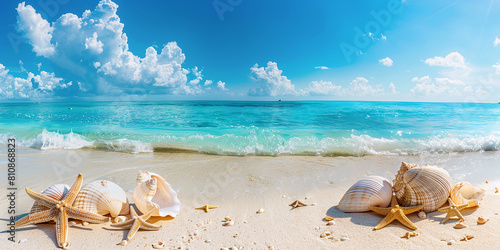 Starfish and seashells on seashore - beach holiday background.
