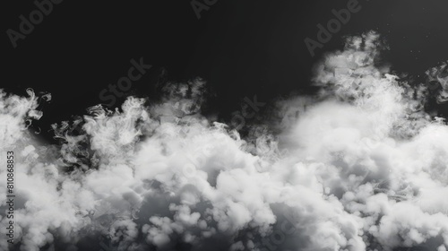 Realistic 3D modern mockup with smoke frame, horizontal border, white smog clouds, motes and ashes, and thick dust or magic haze, isolated on transparent background. photo