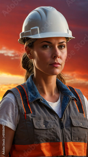 Portrait of a construction worker wearing hard hat and vest with a beautiful sunset over the construction site in the background © The A.I Studio