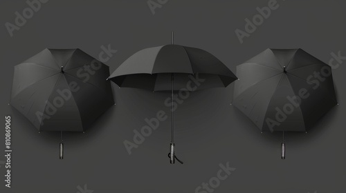 Black automatic umbrella  front  side and top views. Modern realistic mockup of blank parasol with metal handle.