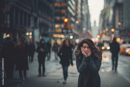 Panic attack in public place. Woman having panic disorder in city. Psychology, solitude, fear or mental health problems concept. Depressed sad person surrounded by people walking in busy street. photo