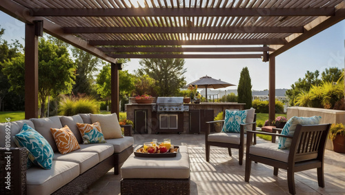 Contemporary Outdoor Living, Patio Furnishings Complete with Pergola, Awning, Dining Set, and Grill © xKas