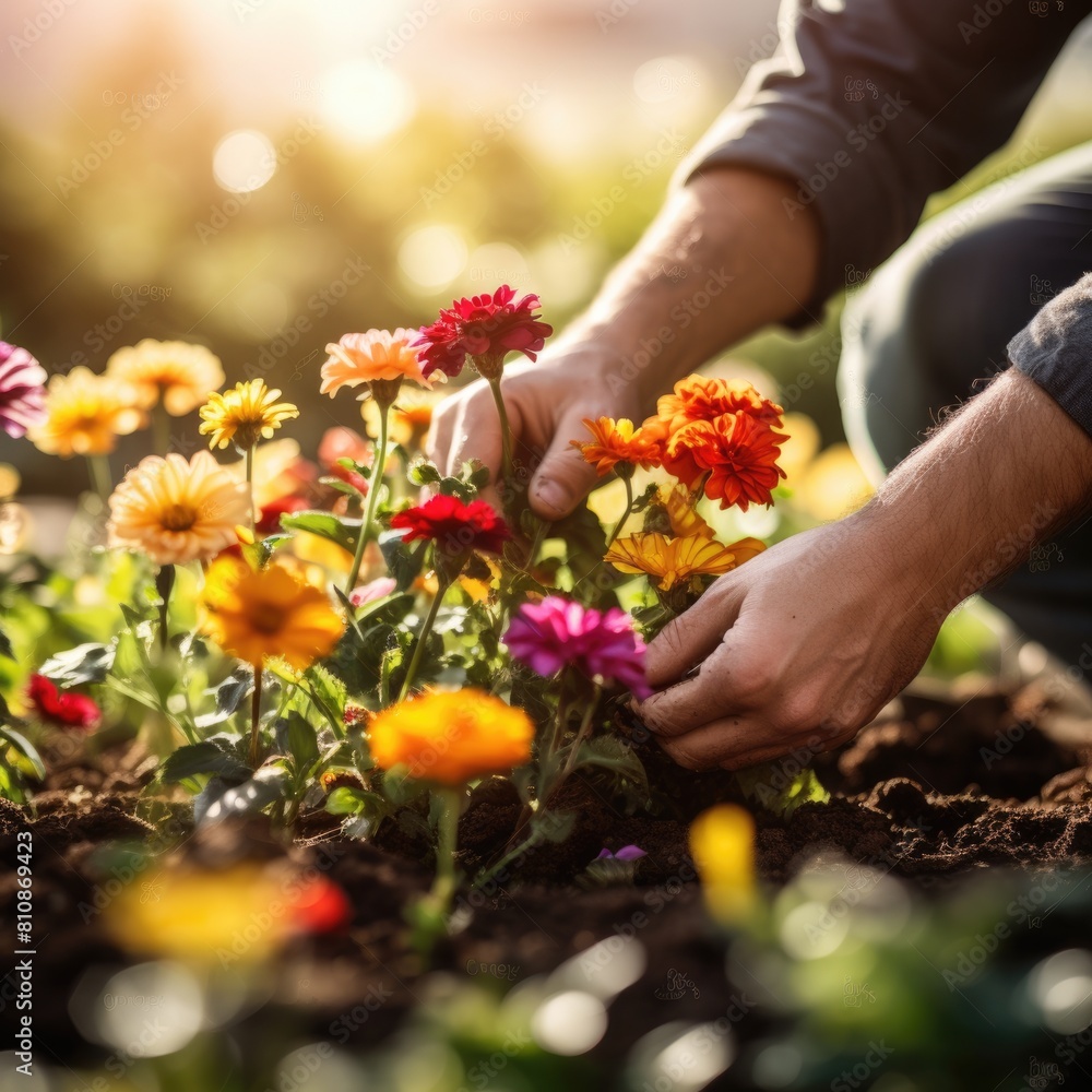 A person planting colorful flowers in a garden. A person planting colorful flowers in a garden.