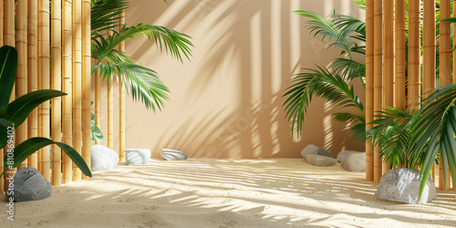 a stylized stage decorated with bamboo  lush tropical leaves and soft beach sand  creating an exciting atmosphere for product presentation. 3D rendering of a summer abstract background