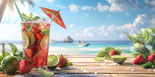 Strawberry mojito cocktail with beach background and summer elements such as straw umbrella or cocktail sticks and limes on wooden table photo