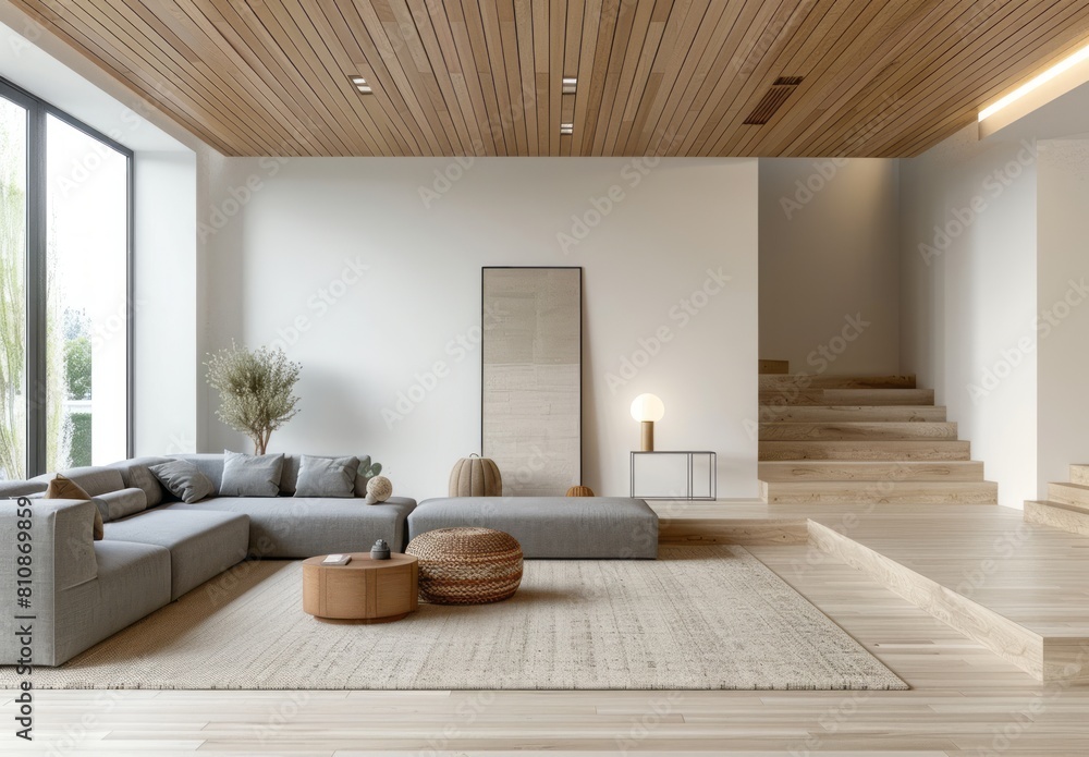 A minimalist living room with a wooden ceiling, white walls and a grey sofa A minimalist living room with a wooden ceiling, white walls and a grey sofa