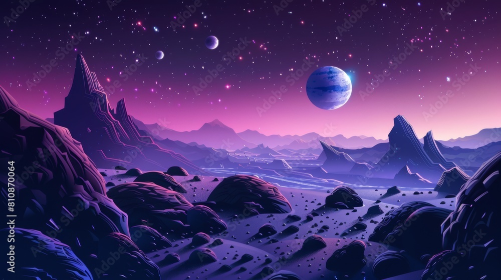 Modern illustration of an explorer robot on the surface of an alien planet at night. Modern illustration of a planet with rocks and our cosmos, with moons and stars, in a futuristic landscape.
