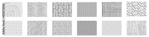 Hand drawn hatching line texture set. Crosshatch, wood, rain, stippling, circle doodle shape. Pencil draw vector illustration. white background. eps 10