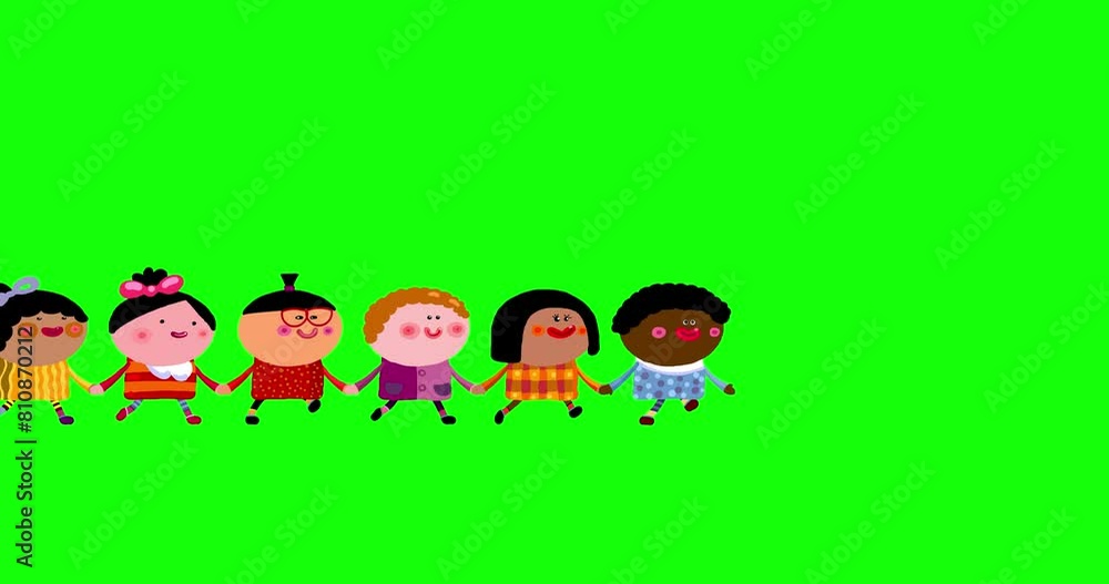 Children of different nations walking from left to right greenbox. Different skin color. Happy kids holding their hands on green screen background. World Universal Children day or Earth Day. Children of different nations walking from left to right greenbox. Different skin color. Happy kids holding their hands on green screen background. World Universal Children day or Earth Day.