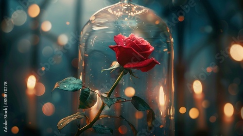 A shining rose under a glass cae as in beauty and the beast photo