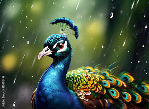Portrait of peacock with feathers out in rain, beautiful scenery illustration