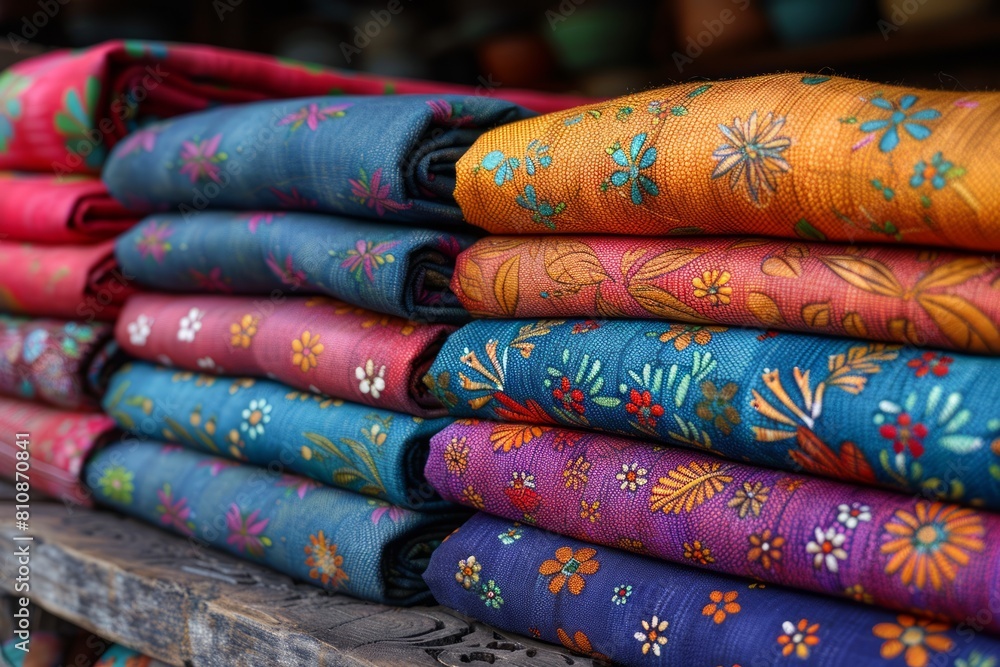 Colorful fabrics are stacked on a wooden table. Colorful fabrics are stacked on a wooden table.