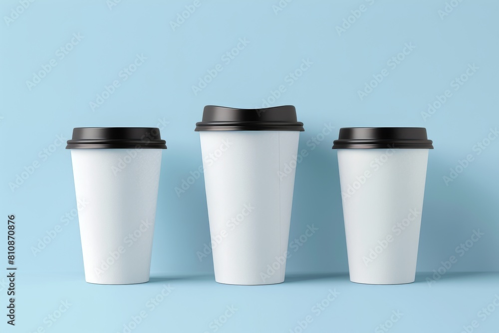 Three white paper cups with black lids in different sizes. The cups are lined up next to each other. Mockup Three white paper cups with black lids in different sizes. The cups are lined up next to each other. Mockup