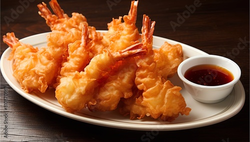 Shrimp tempura, delightful Japanese dish, shrimp battered and deep-fried until crisp and golden brown