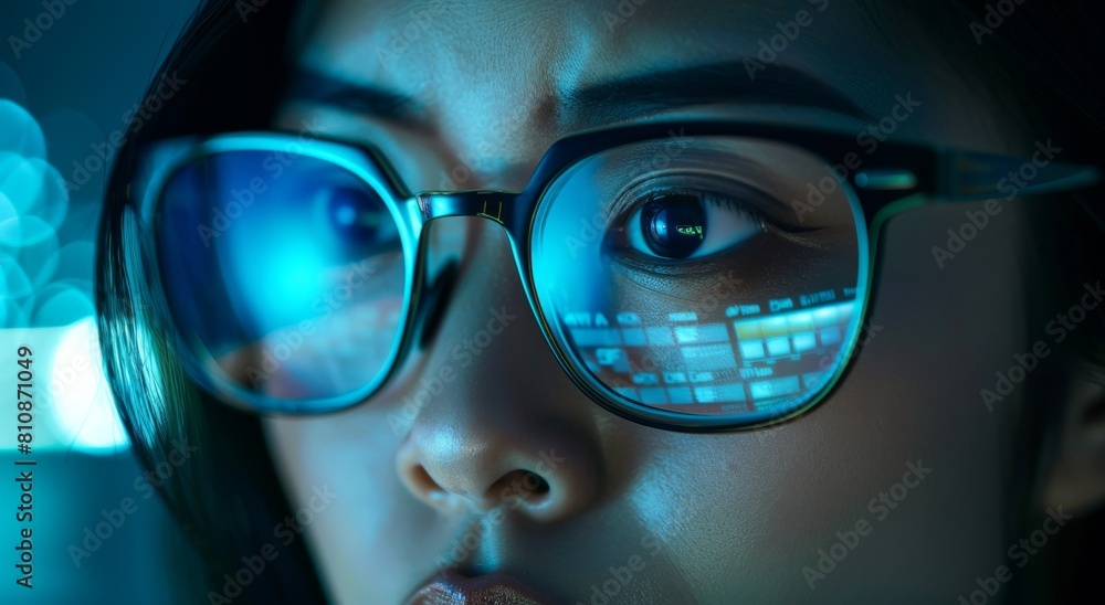 A woman wearing glasses is looking at a computer screen. The image has a futuristic feel to it, with the woman's eyes reflecting the digital world A woman wearing glasses is looking at a computer screen. The image has a futuristic feel to it, with the woman's eyes reflecting the digital world
