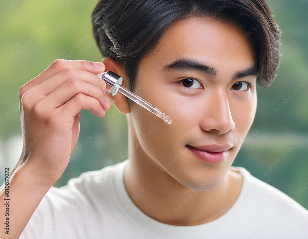 Young asian man applying beauty serum on his face. Confident young man taking care of his me Young asian man applying beauty serum on his face. Confident young man taking care of his me