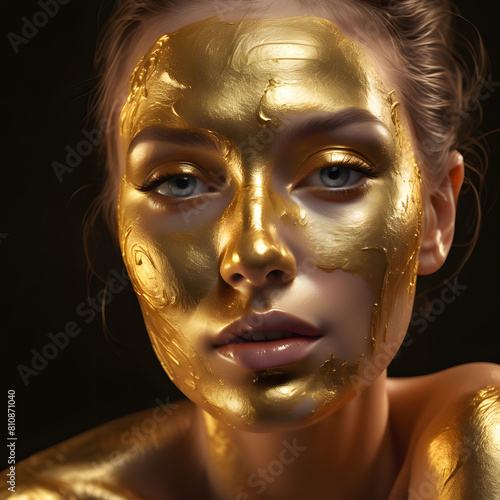 Close-up of face of a fictional Caucasian woman lying on the bed of a beauty salon with gold mask applied onto her skin. Concept of skin care, anti-aging solutions, cosmetics and beauty. 