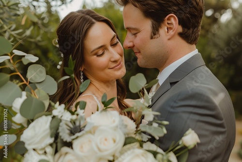 A bride and groom are embracing each other with a bouquet of flowers in the background. The bride is wearing a white dress and the groom is wearing a gray suit. Scene is romantic and happy