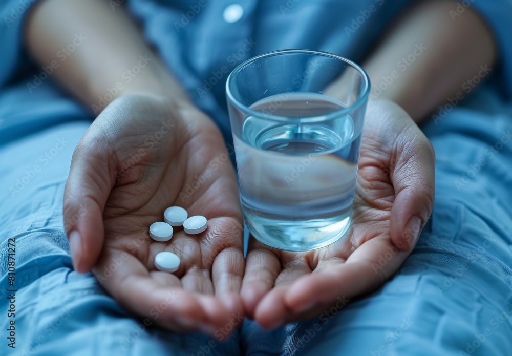 A person holding a glass of water and a bottle of pills. Concept of responsibility and care for one's health A person holding a glass of water and a bottle of pills. Concept of responsibility and care for one's health