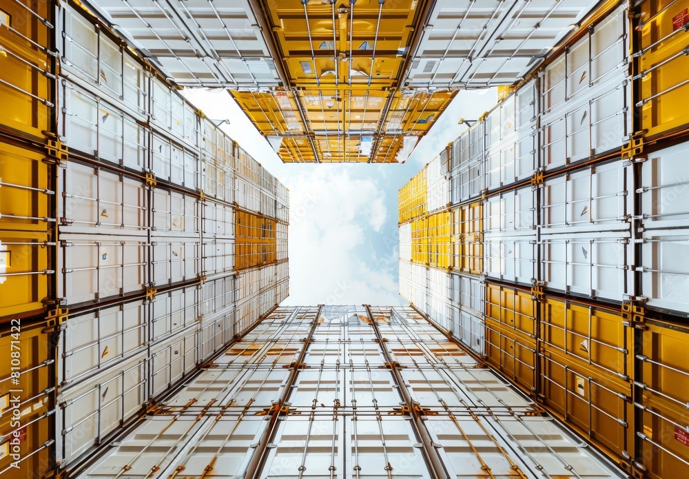 Fototapeta premium A nadir view of a pile of ship yellow and white ship containers