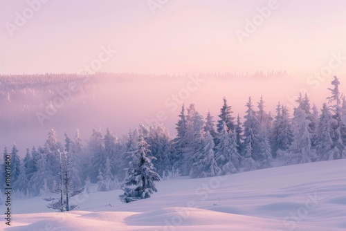 Wallpaper Mural A snowy landscape with a pink sky and trees. The scene is peaceful and serene Torontodigital.ca