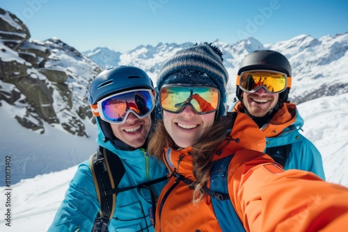 Three people are smiling and posing for a picture while wearing ski gear. Concept of fun and excitement, as the group is enjoying their time together on the slopes