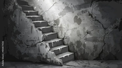 Detailed modern interior with empty stone stair rising from tunnel and broken concrete steps. Concept of hard career growth, progression. photo