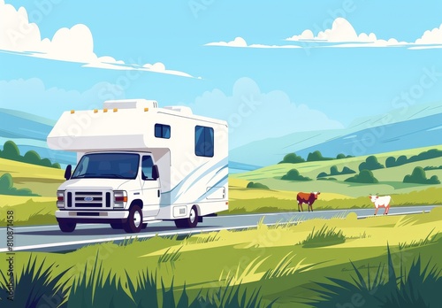 A white RV is driving down a road with cows in the background. The scene is peaceful and serene, with the cows grazing in the grassy field © Bambalino Studio