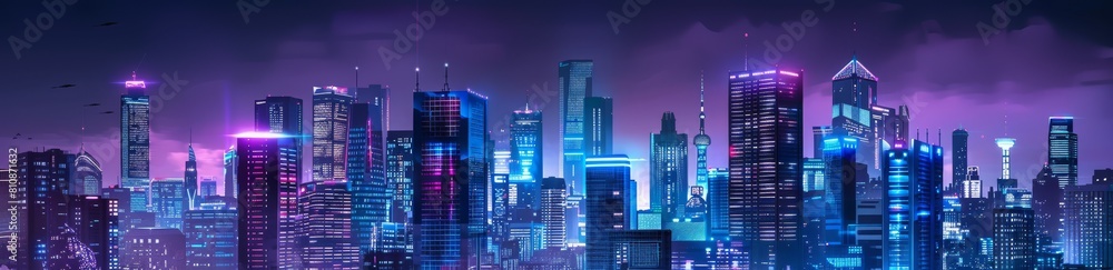 A city skyline at night with a purple sky. The city is lit up with neon lights and the buildings are tall