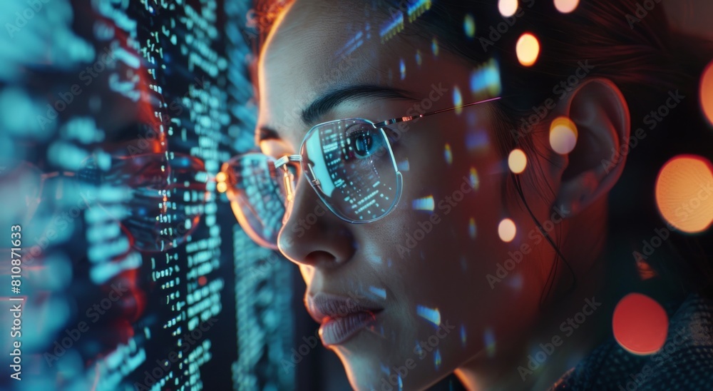 A woman is looking at a computer screen with a lot of numbers and letters. She is wearing glasses and she is focused on the screen A woman is looking at a computer screen with a lot of numbers and letters. She is wearing glasses and she is focused on the screen