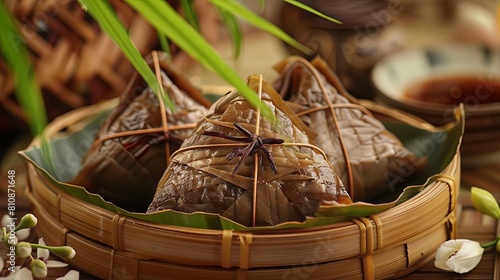 Zongzi - rice dumpling in bamboo basket, closeup