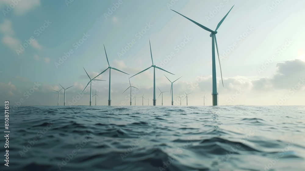 A group of wind turbines are in the water. The water is calm and the sky is cloudy