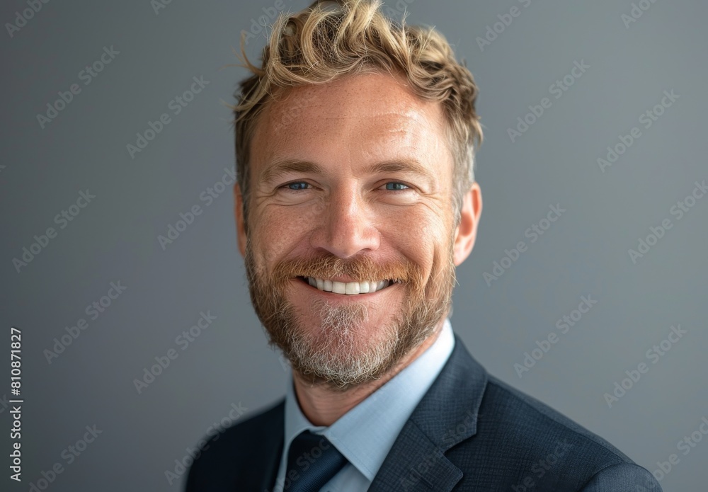 A man with a beard and a blue suit is smiling. He is wearing a tie and a jacket A man with a beard and a blue suit is smiling. He is wearing a tie and a jacket