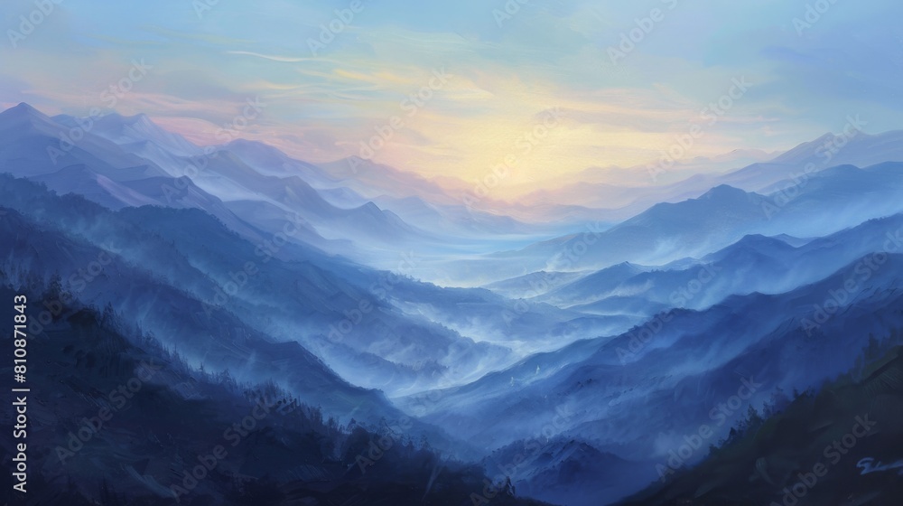 The beauty of a peaceful sunrise over misty mountains, soft pastel colors, gentle fog rolling over peaks, and a sense of stillness in the landscape, the peacefulness of the early morning hour