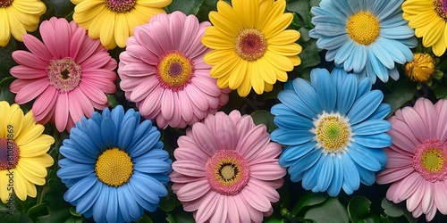 A group of colorful daisies are arranged in a row.